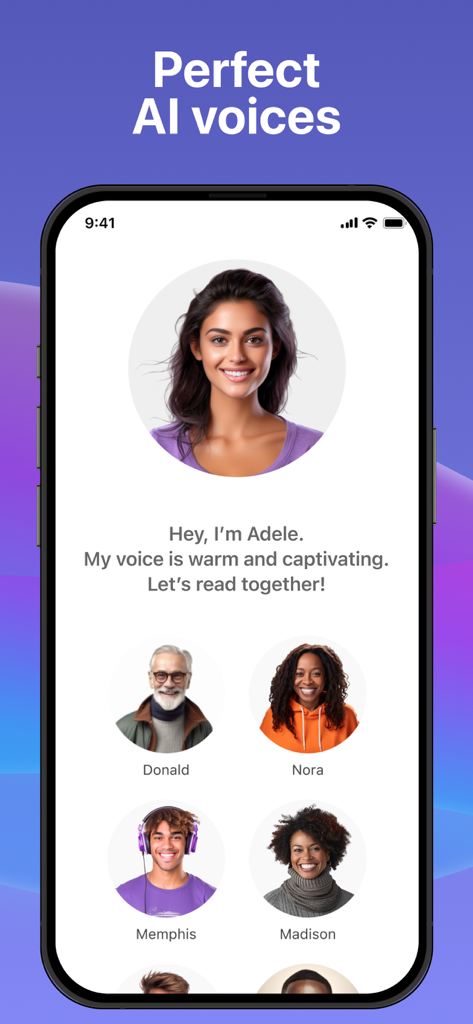 Synthy: Read aloud Text, Docs - Synthy app interface showing various realistic AI voice profiles including Adele, Donald, and Nora.