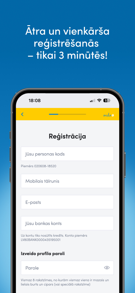 Ondo lv app registration screen showing form for personal information and bank details