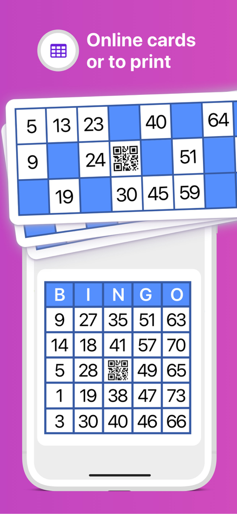 bingo!! - Digital and printable bingo cards with QR codes shown on a smartphone screen.
