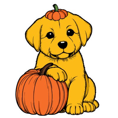 a realistic puppywith a pumpkin on his head