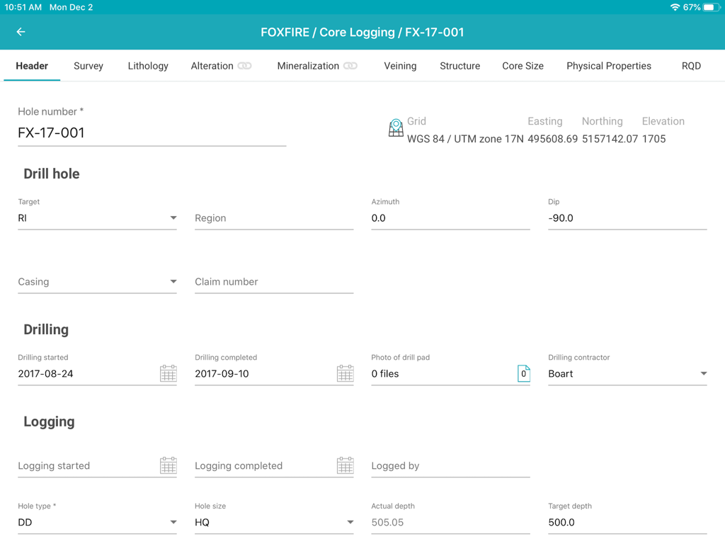 MX Deposit app interface showing a header form for geological drill hole core logging data entry
