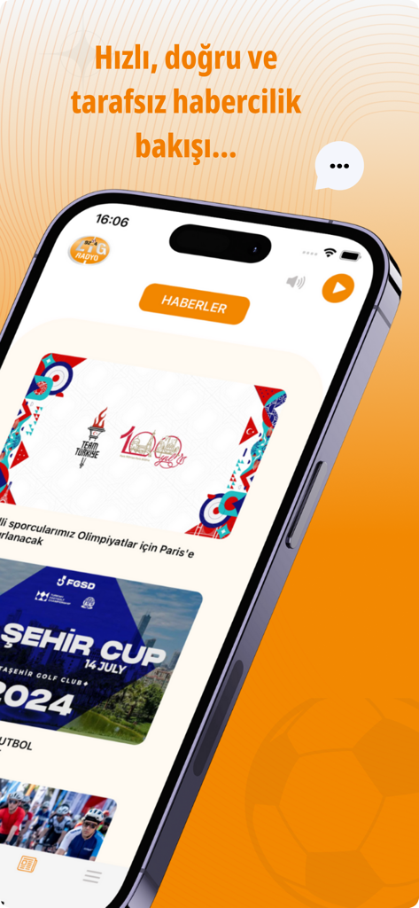 Lig Radyo - Lig Radyoモバイルアプリのインターフェース。トルコスポーツニュースとライブラジオプレーヤーボタンを表示しています。