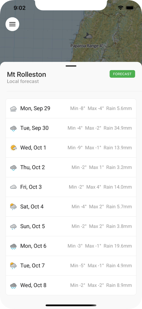 Pronóstico meteorológico de 10 días para Mt Rolleston dentro de la aplicación de mapas topográficos de Nueva Zelanda TrailTreks