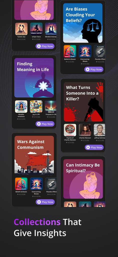 Capturas de pantalla de la aplicación Skoob que muestran colecciones de podcasts de no ficción curadas como temas de True Crime, Psicología y Autoayuda.