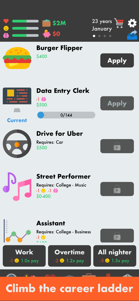 Captura de pantalla de la aplicación El Simulador de Vida que muestra varias oportunidades de trabajo y opciones de progresión profesional.