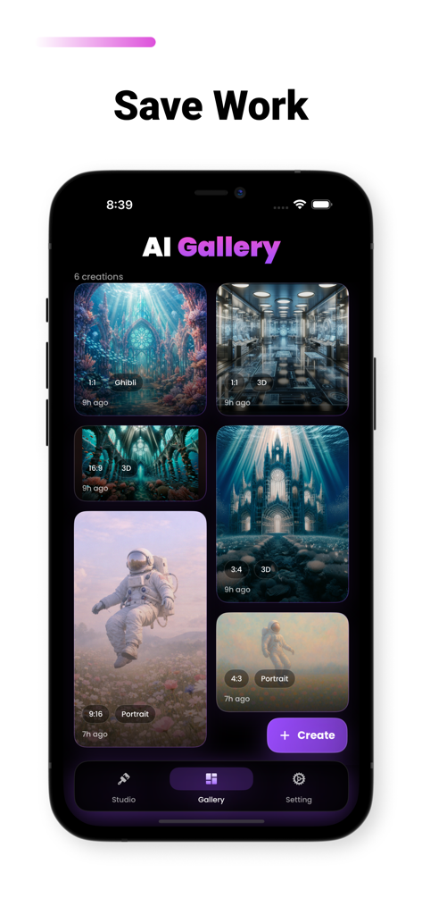 Écran de l'application Galerie IA montrant une grille d'œuvres d'art générées par IA sauvegardées, y compris un astronaute et des paysages fantastiques