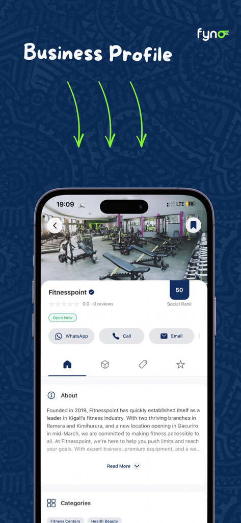 Fynd Rwanda - Business profile page for a gym on the Fynd Rwanda mobile app
