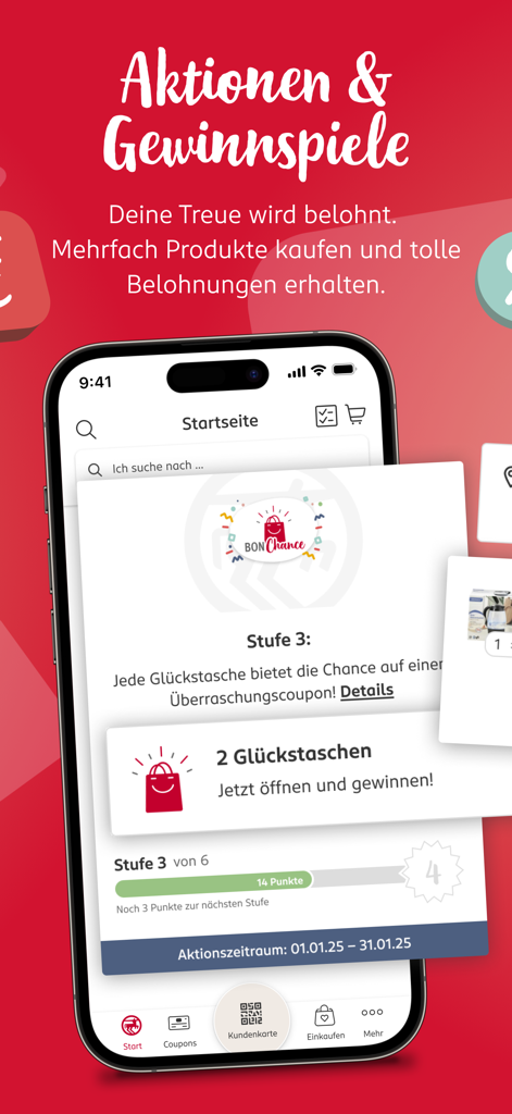 Captura de ecrã da aplicação Rossmann mostrando recompensas de fidelidade e promoções de sorteios.