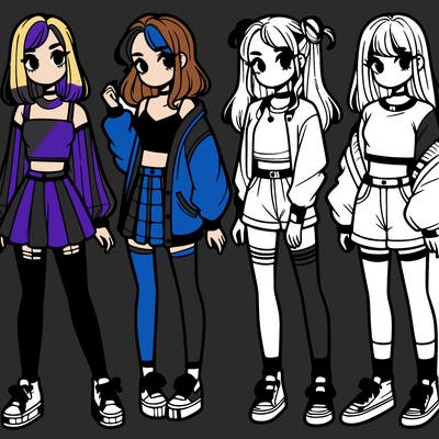 one girl with crop-top shirt and a jacket with a skirt, long socks and another girl with a shirt and pants with a jacket