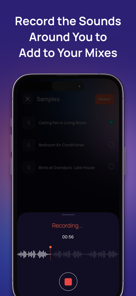 Dwellspring: Sleep Sounds - Interface of the Dwellspring app showing a recording in progress and a list of custom sound samples like a ceiling fan and bedroom air conditioner.