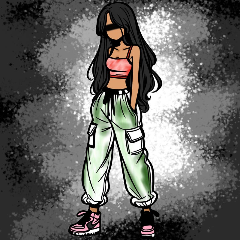 girl in baggy pants crop top and long hair