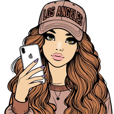 realistic beautiful girl wearing los ángeles cap holding an iphone