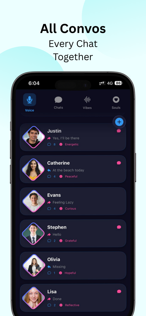 Chimi chat - Chimi Chat interface showing a list of conversation profiles with emotional mood tags like energetic and peaceful.