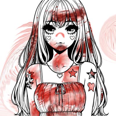 realistic anime girl with long hair star heart tattoos with a simple fabric dress with full lips