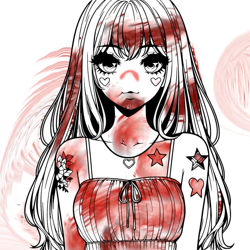 realistic anime girl with long hair star heart tattoos with a simple fabric dress with full lips