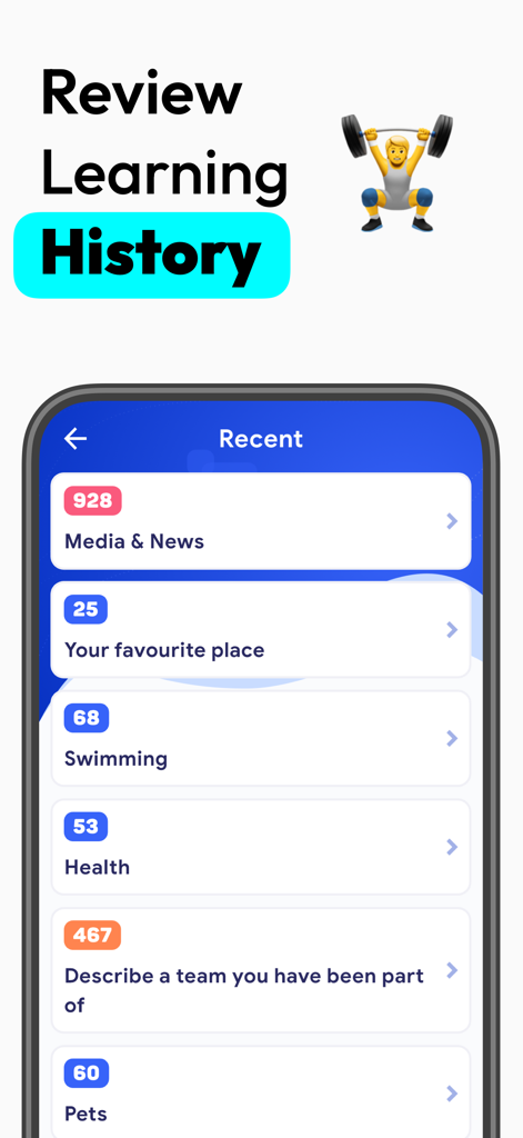 IELTS Speaking Topics - A screenshot of the IELTS Speaking Topics app showing the learning history and recent study topics.