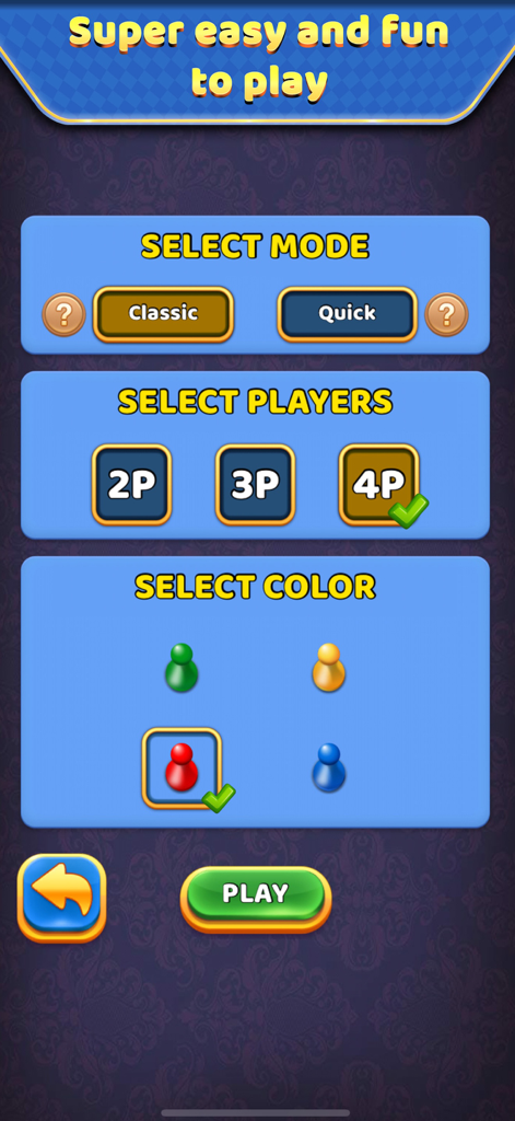 Ludo Offline: Dice Board Game - Ludo Offline game setup screen showing options to select game mode, number of players, and token color