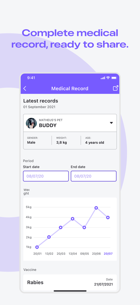 Flockr mobile app displaying a pet's medical history including a weight tracking chart and vaccine records