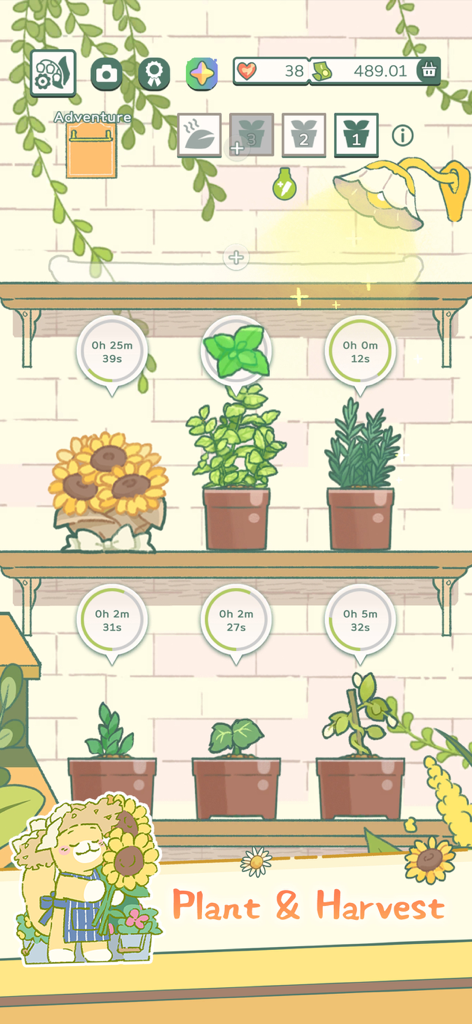 Little Corner Tea House - Gameplay screen showing various potted plants on shelves with growth timers and a cute character holding sunflowers