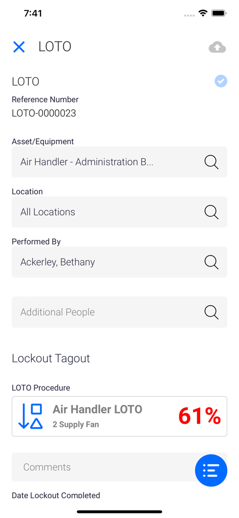 Formulaire de procédure de sécurité consignation/déconsignation dans l'application Evotix Roam.