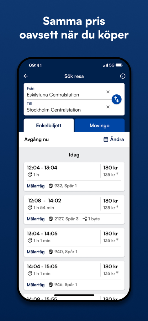 Mälardalstrafik - Mälardalstrafik app screen showing train departures and prices from Eskilstuna to Stockholm
