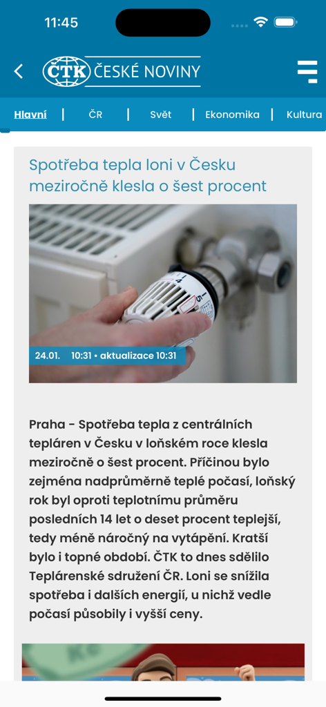 Ceske noviny CTK news app interface showing a Czech news article with a photo of a radiator.