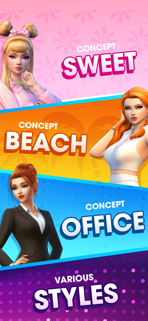 Catwalk Queen: Fashion Battle - Exhibición de diferentes estilos de moda, incluidos conceptos de playa dulce y de oficina en Catwalk Queen