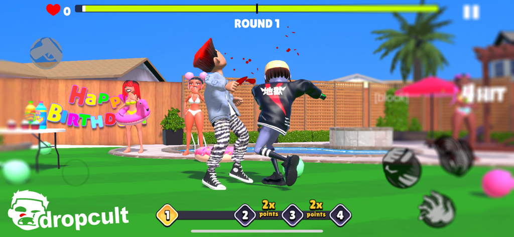 dropcult - Two characters in streetwear fighting at a backyard pool party in the dropcult mobile game