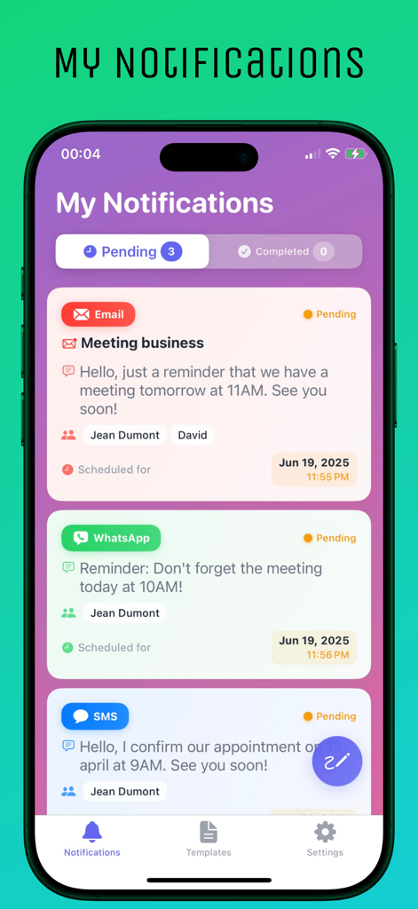 Captura de pantalla de la pantalla de notificaciones de la aplicación TextLater que muestra mensajes programados pendientes para correo electrónico, WhatsApp y SMS.