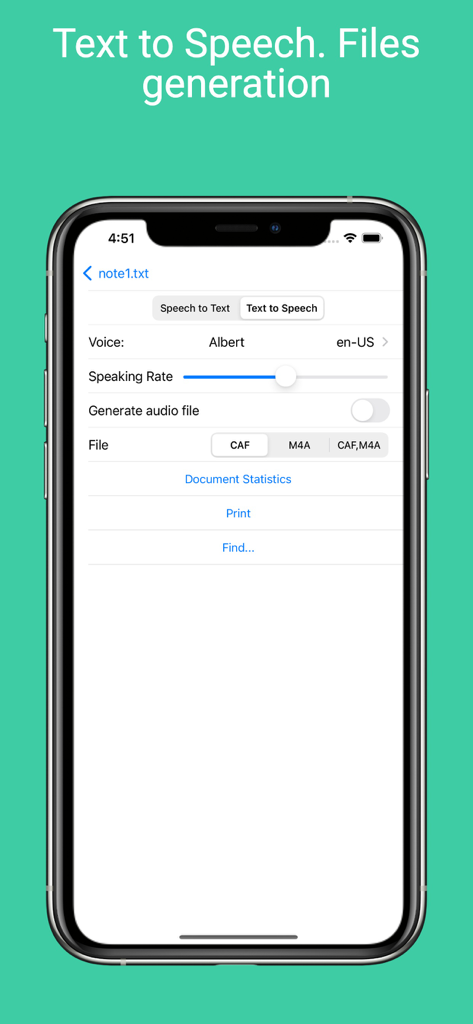 Voice Notebook - audio to text - Interfaz de la aplicación Voice Notebook que muestra la configuración de texto a voz y las opciones de generación de archivos de audio
