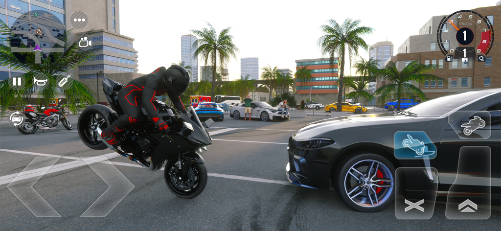 Street Racing EVO : Car & Moto - A black motorcycle performing a wheelie on a city street next to a sports car in Street Racing EVO