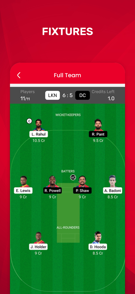 Dream Team 11 Live Cricket - 선수 이름과 크레딧이 포함된 판타지 크리켓 팀 라인업 예측