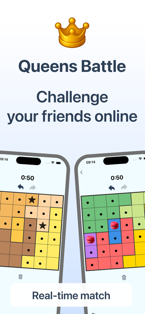 Queens Battle - Queens Battle logic puzzle game showing a real time match between two players on mobile devices
