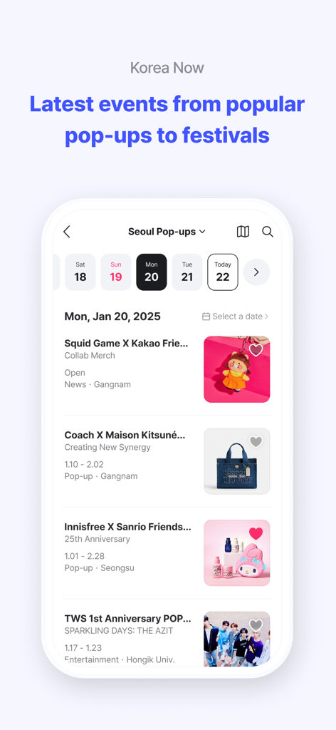 NOL World - イカゲームやサンリオのコラボレーションなど、ソウルでのトレンドのポップアップイベントのリストを表示するモバイル画面。
