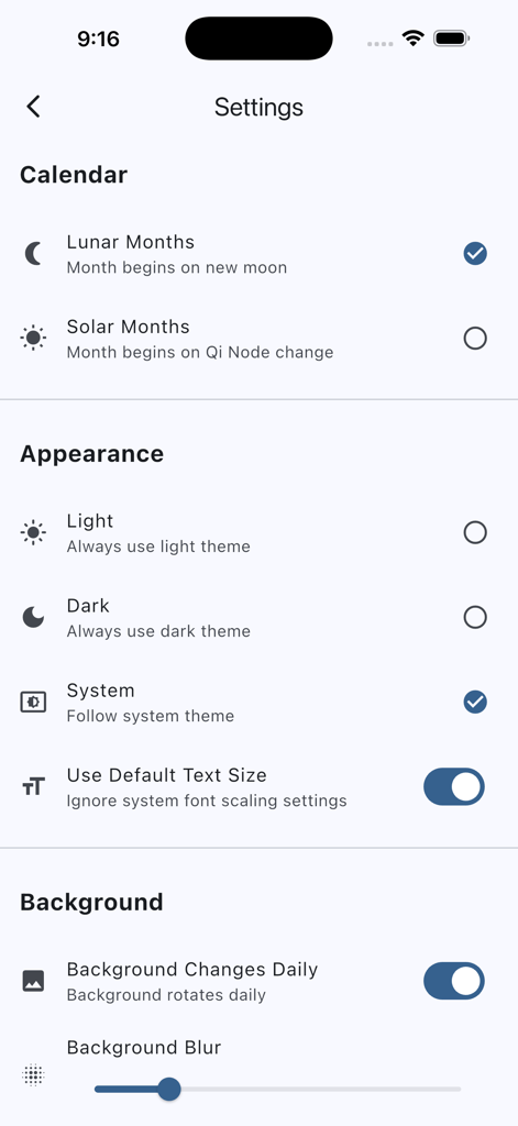 DYC TongShu - Settings interface of the DYC TongShu app showing calendar and appearance customization options