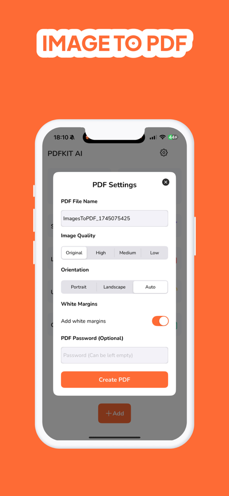 PDFKit: Convert Picture to PDF - Interfaz de la aplicación PDFKit mostrando ajustes para convertir una imagen a PDF con opciones de nombre de archivo, calidad, orientación y contraseña