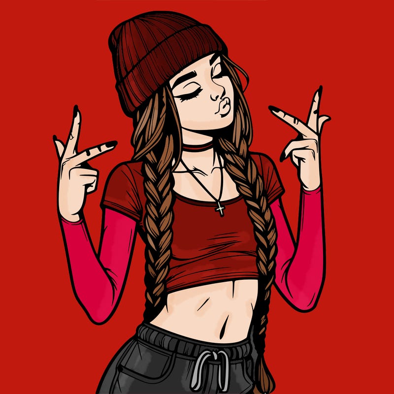 realistic teenage girl with braids and a beanie and crop top doing 🫶🏼