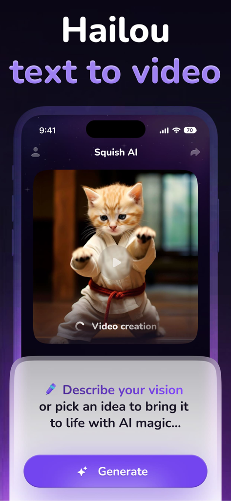 Creato AI. Video generator. - Hailou AI app interface for generating video from text showing a kitten in a karate outfit and a generate button