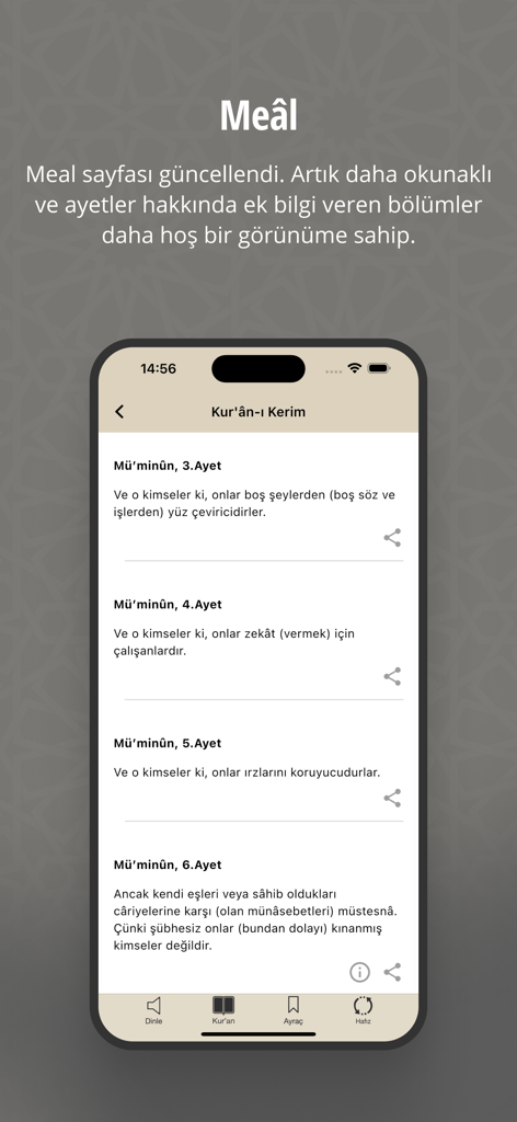 Kur'an - Pantalla de la aplicación móvil que muestra versículos del Corán con traducción al turco.