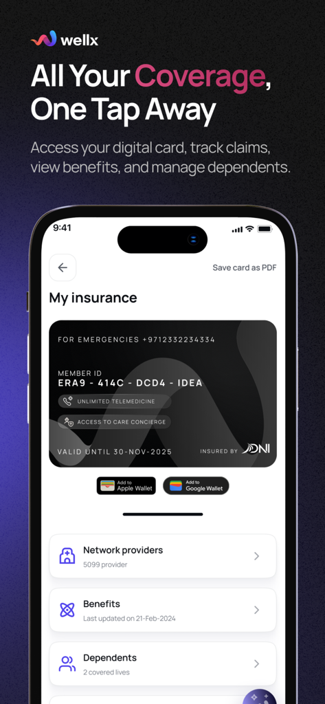 Wellx.ai - Interface of Wellx.ai app featuring a digital insurance card and quick access to benefits and network providers.