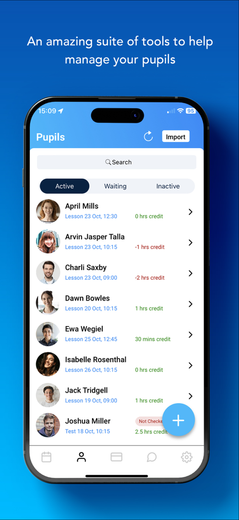 Total Drive mobile app interface showing a list of active driving pupils with their lesson times and credit status