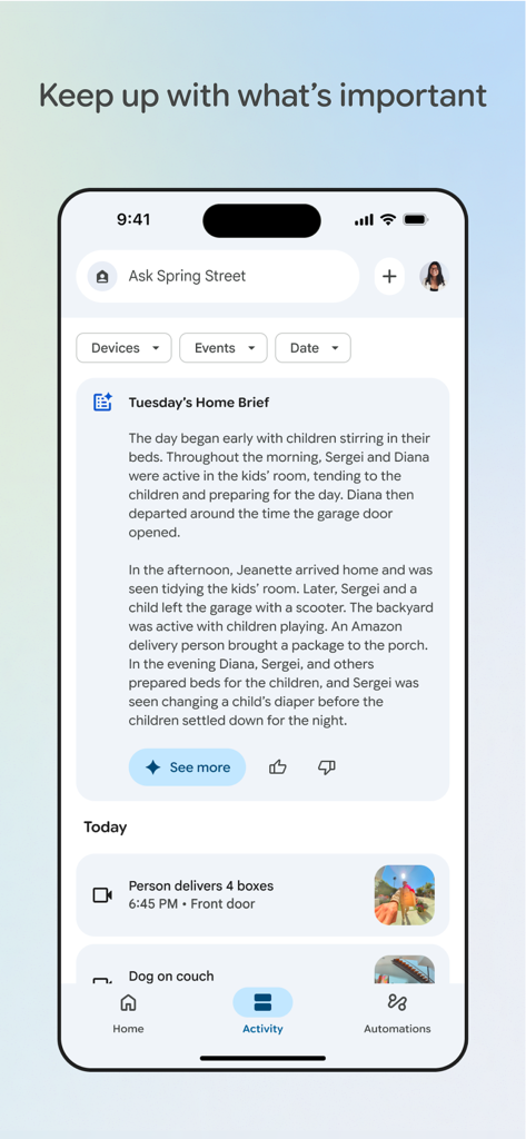 Google Homeアプリの「アクティビティ」タブ画面。AIが生成した1日のホーム概要と、荷物の配達などの最近のカメライベントが表示されている。