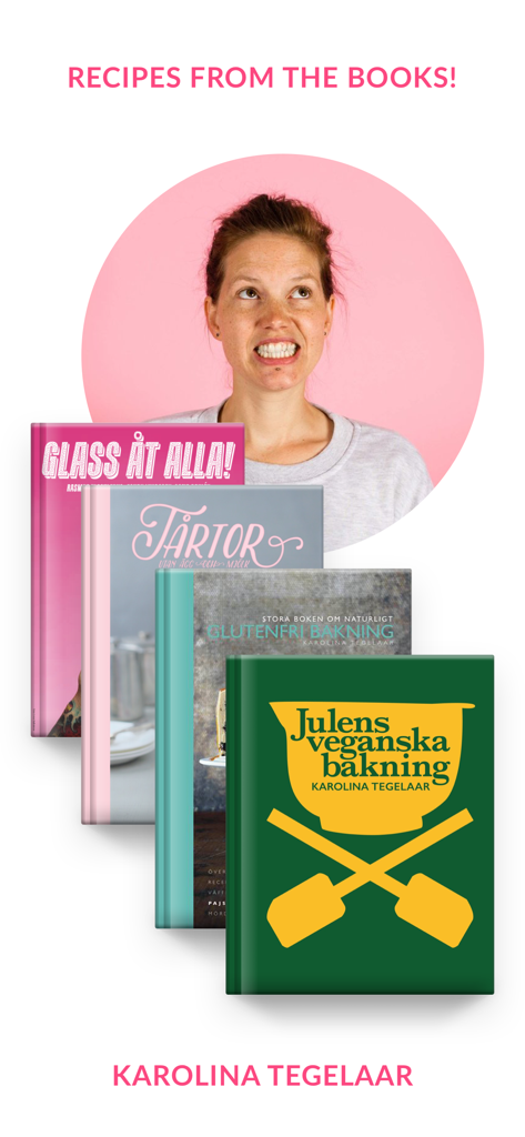 Swedish Vegan Dessert Recipes - Author Karolina Tegelaar with her collection of Swedish vegan dessert cookbooks