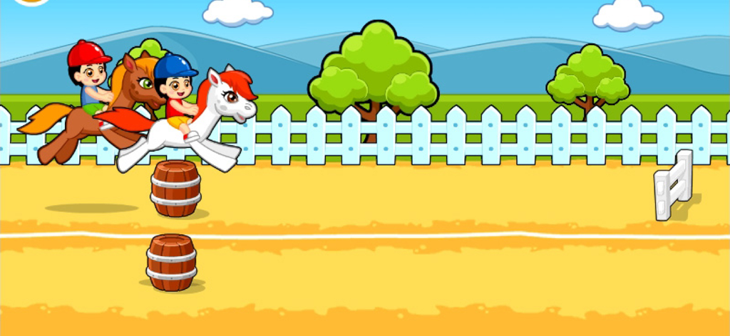 Due bambini cavalcano cavalli e saltano ostacoli in un colorato paesaggio di cartoni animati