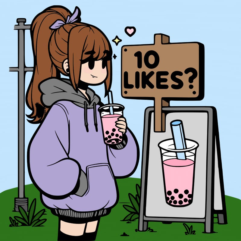 girl with oversized hoodie drinking boba and she has a high ponytail with a sign that says 10likes?