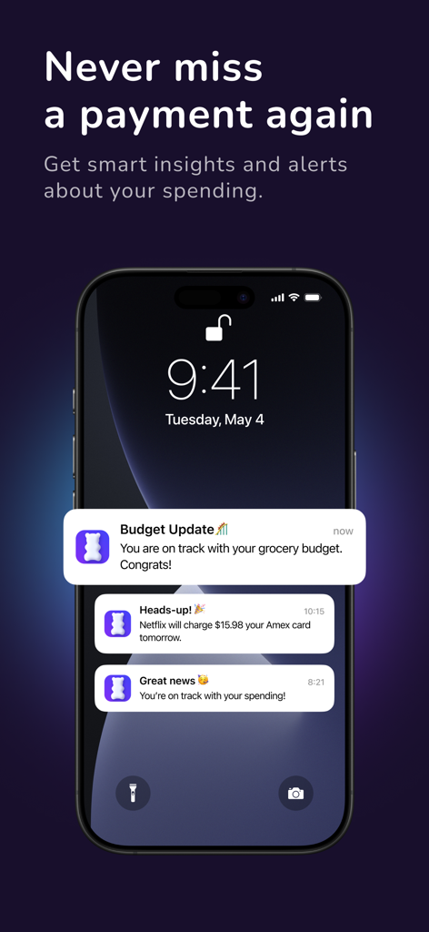 An iPhone lock screen displaying Emma app notifications for budget updates and upcoming subscription payment alerts