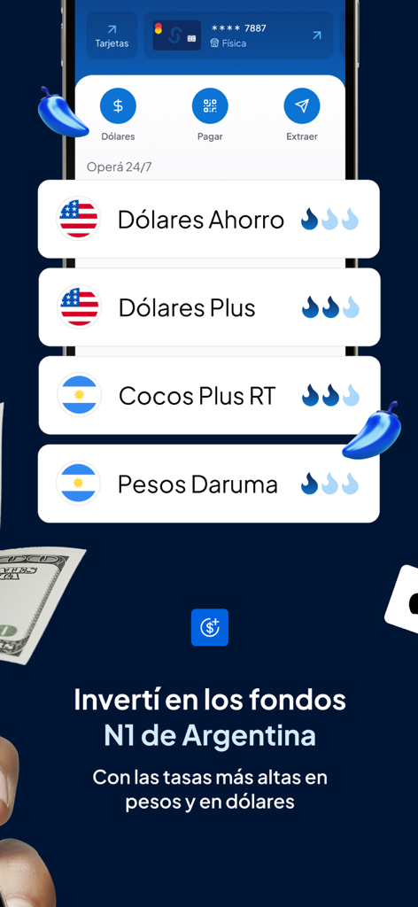 Interface de l'application Cocos montrant les options de fonds d'investissement, y compris Dolares Ahorro et Pesos Daruma avec des icônes de drapeaux argentins et américains.