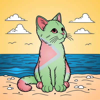 a realistic cat at the beach looking into the empty sky