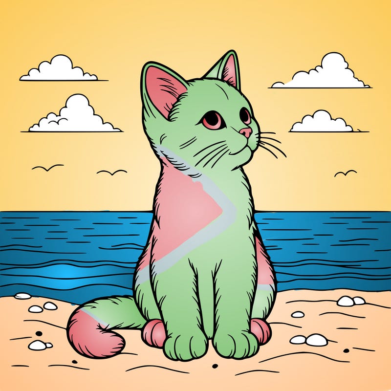 a realistic cat at the beach looking into the empty sky