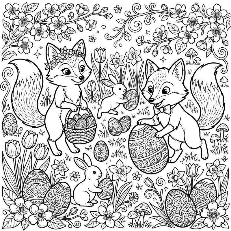 Celebrate Easter with this delightful coloring page featuring charming red foxes and playful bunnies amid a garden of intricately decorated eggs and spring blossoms. Designed for teens, this detailed illustration offers a captivating and creative challenge.